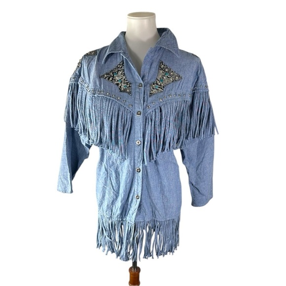 Vorda Vintage Western Boho Rhinestone Stud Fringe Button Down Shirt 100% Cotton - Picture 1 of 7